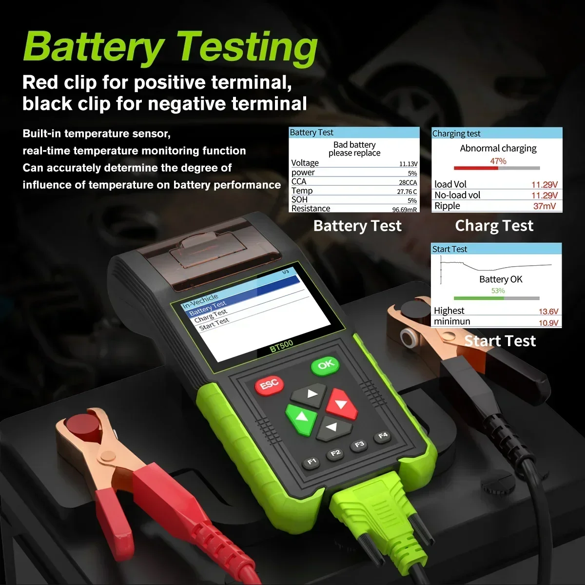 BT500 Car Battery Tester 20-2000CCA 12V 24V Leakage Detect Load Relay Test Auto Battery Analyzer Battery diagnostic Tool