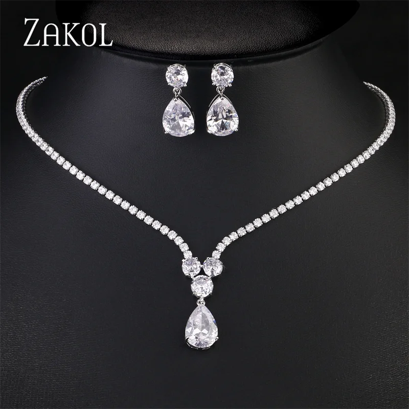 ZAKOL 3 Pcs Luxury Water Drop Zircon Necklace Earrings Bracelet Set for Women Bridal Wedding Party Dress Jewelry Set SP461