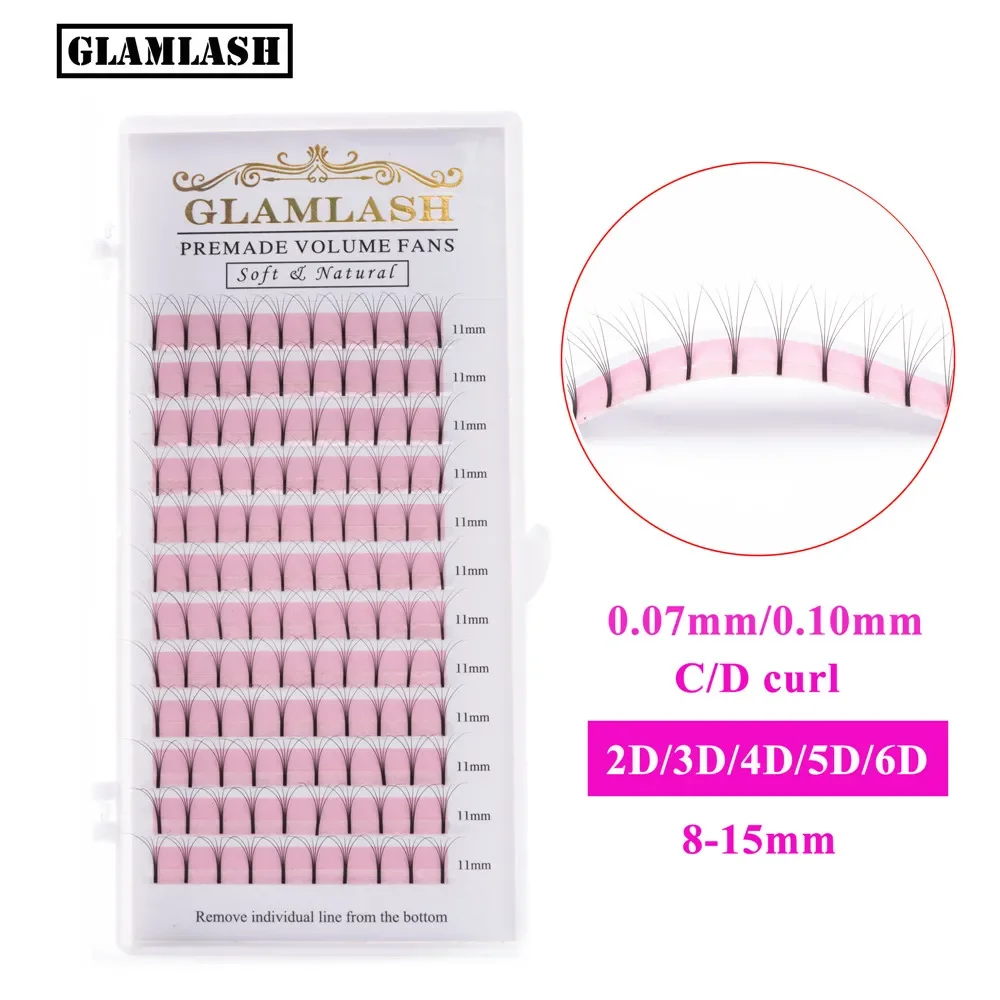 GLAMLASH Eyelash Extension Premade Long Stem Lashes 0.07mm 0.10mm Thickness Pre-fan 2D 3D 4D 5D 6D Russian Volume False Lashes