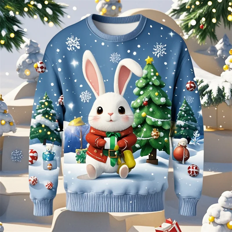 

Cute Bunny 3D Printed Sweater Men Kids Oversized Long Sleeved Sweatshirt Cartoon Rabbit Autumn Fashion Round Neck Pullovers Top