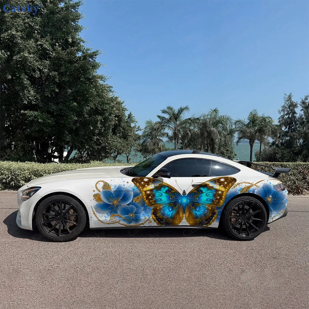 Blue Flower Golden Butterfly Car Side Wraps, Self-Adhesive PVC Waterproof & Scratch-Resistant Stickers, Car Accessory Gift