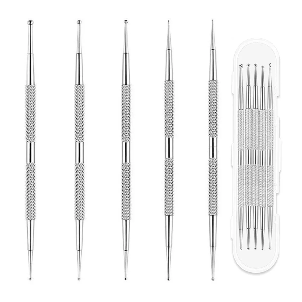 5Pcs 2 Way Nail Art Dotting Pen Nail Dotting Pen Tool Stainless Steel Nail Painting Pen Manicure Embossing Tracing Professional