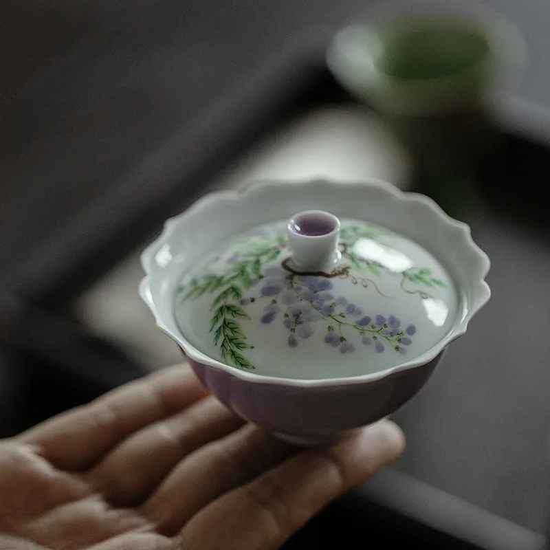 Hibiscus Purple Hand Painted Gaiwan Underglaze Pastel Wisteria Flower Tea Brewing Bowl Handmade Flowers Set