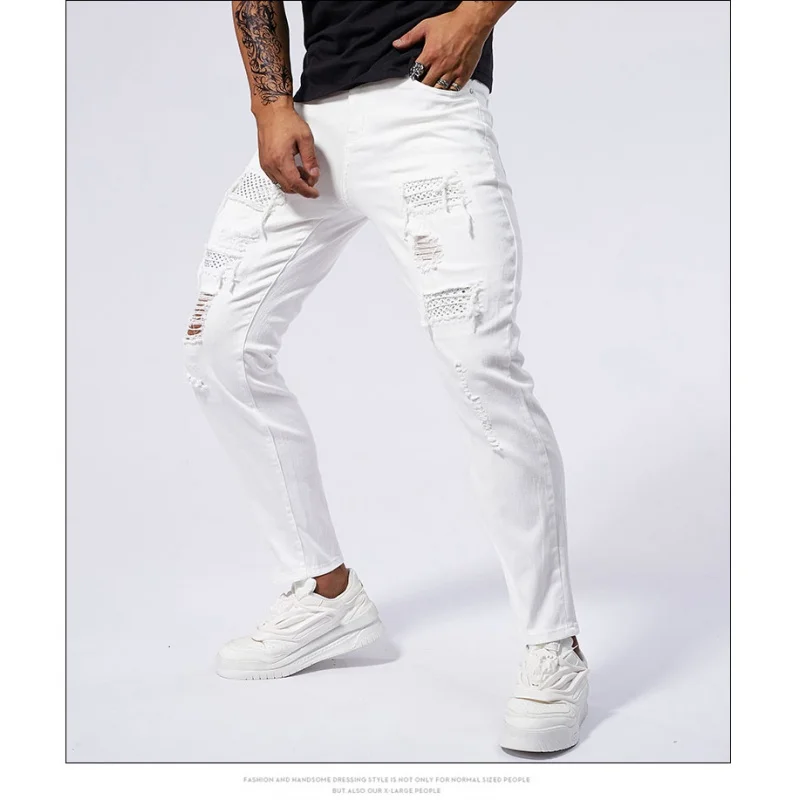 

Rhinestone White Jeans with Men's Broken Hole Patch Design for Street Fashion High end Slim Fit Small Foot Elastic Tight Pants