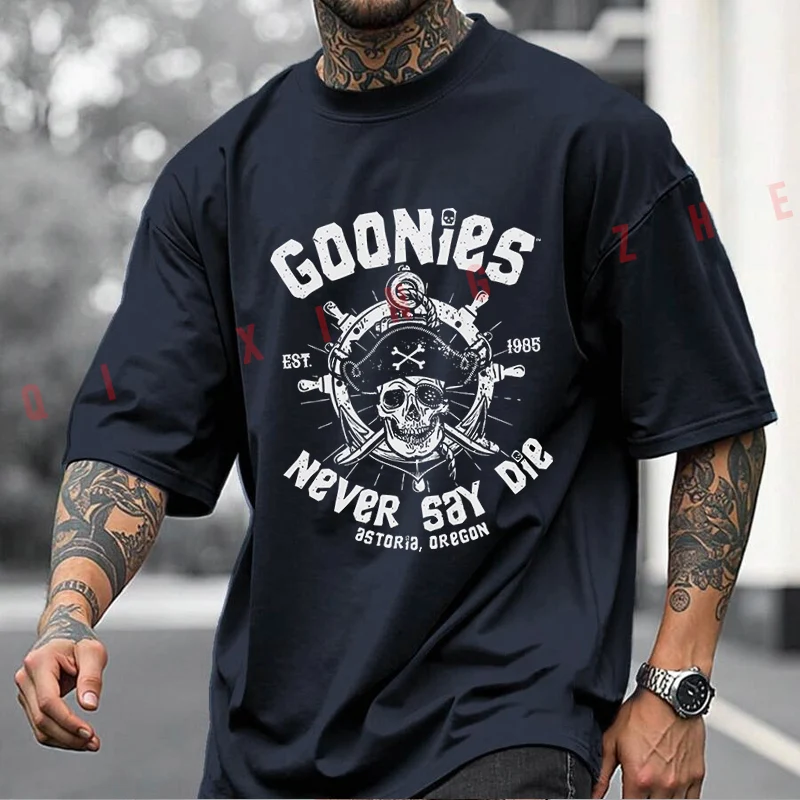 Men's Goonies Never Say Die Retro Officially Inspired 80s Movie Logo Iconic Skull Moto T-shirt Cotton Short Sleeve O-neck Tshirt