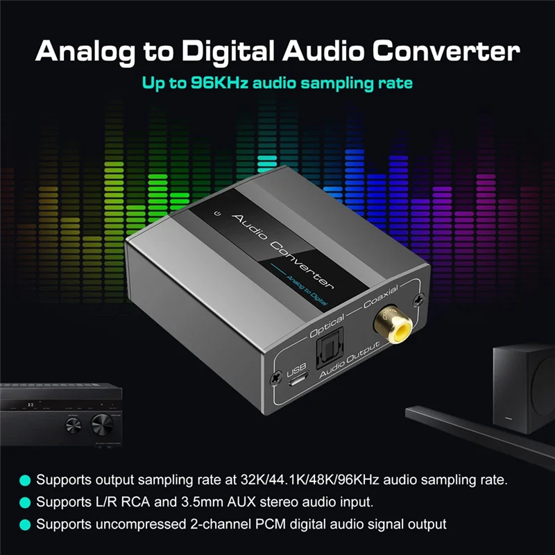 Convertidor de Audio analógico a Digital RCA a óptico, Cable óptico de Audio Digital Toslink y adaptador de Audio Coaxial