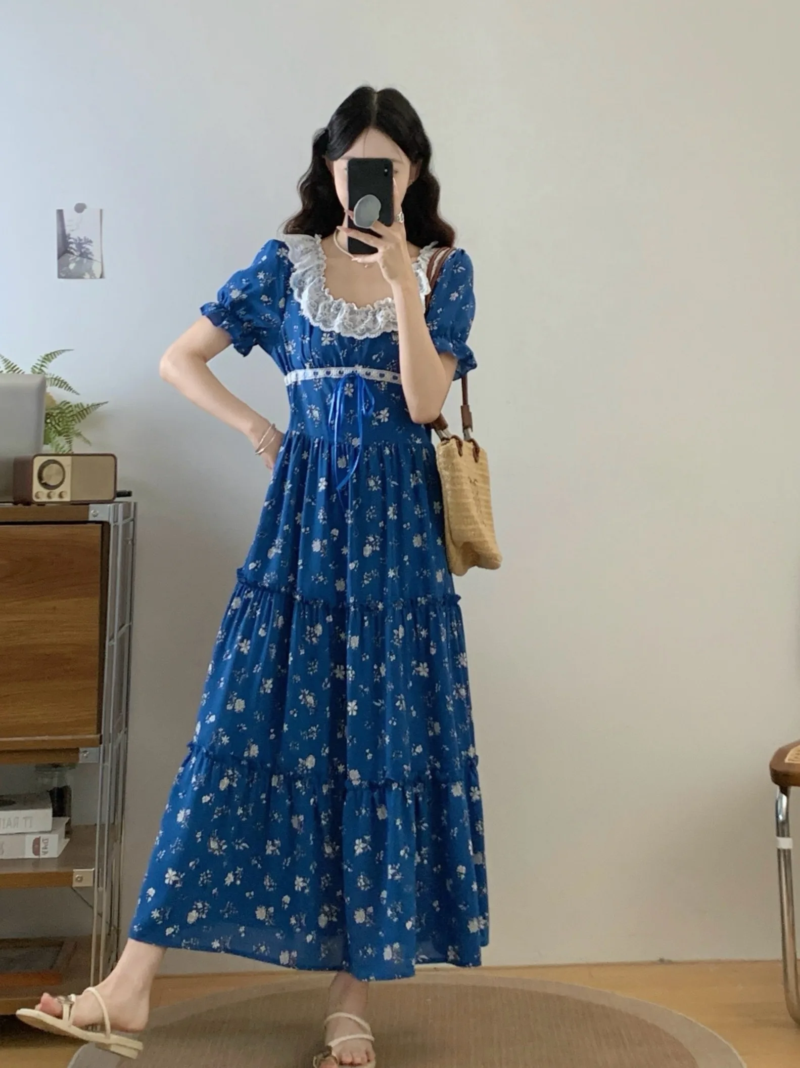 

Женское летнее платье больших размеров синего цвета с цветочным кружевом, А-силуэт, с завышенной талией, коротким рукавом, длинное, в корейском стиле, стройнящее, для повседневной носки