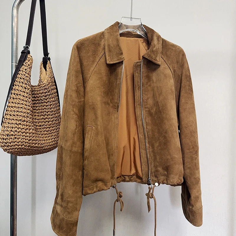 女性のスエードジャケット春秋スタイリッシュなラペル巾着カーキキッドスエードルーズカジュアルショート天然皮革コートアウターウェア