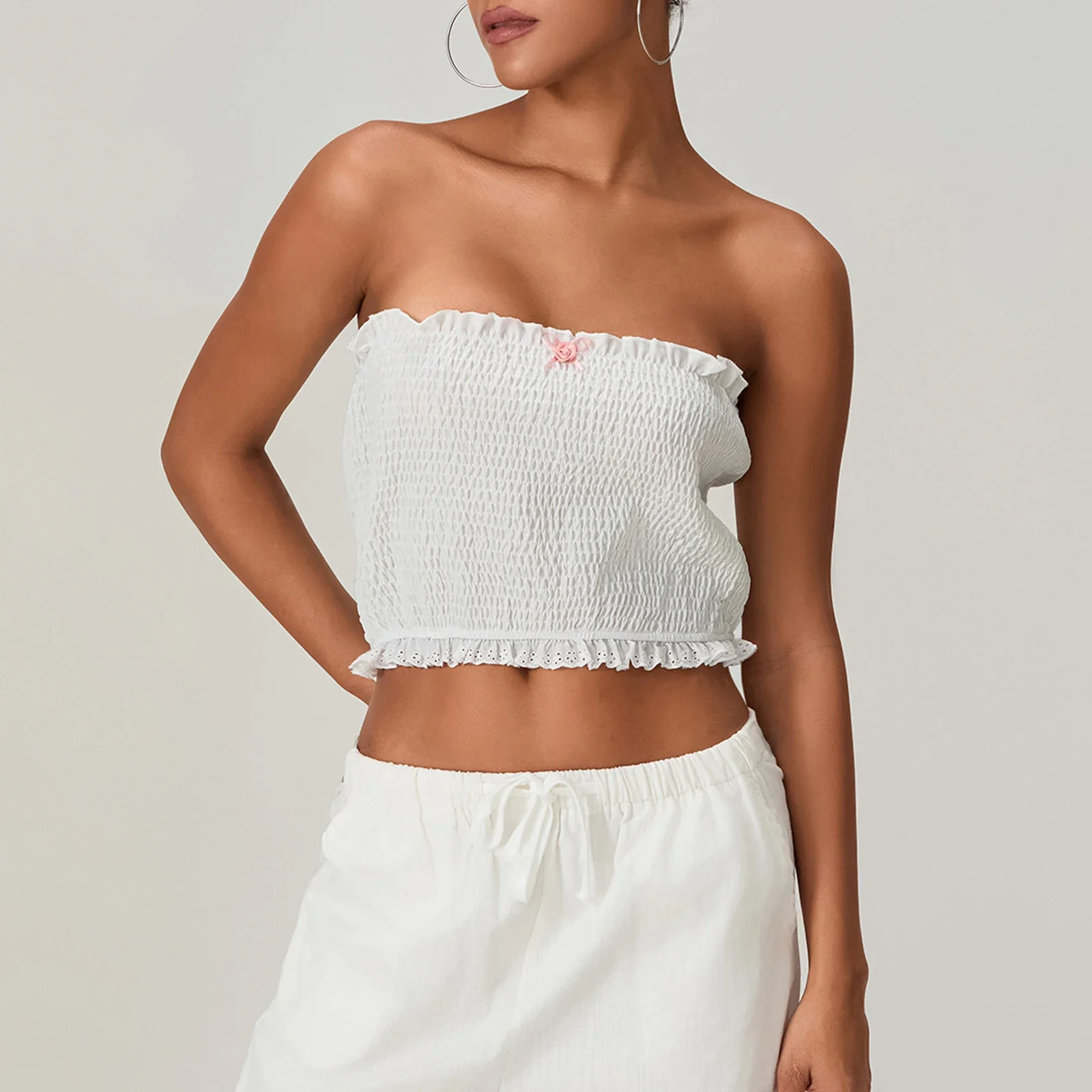 Women Smocked Tube Tops Fashion Sweet Bow Lace Trim Backless Strapless Boat Neck Crop Tank Tops Club Streetwear