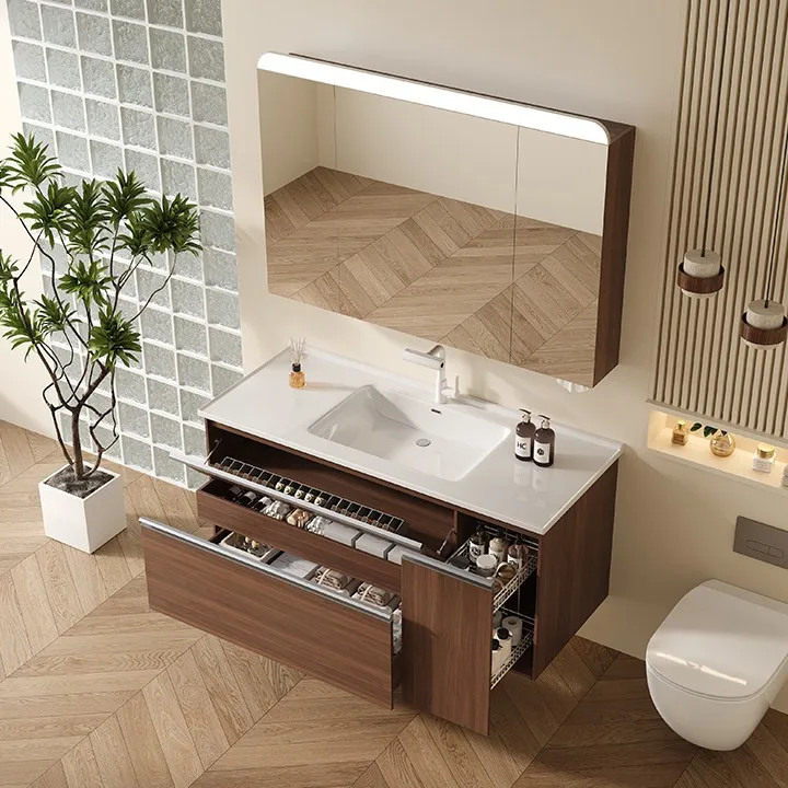 Medieval walnut bathroom cabinet toilet ceramic integrated basin storage