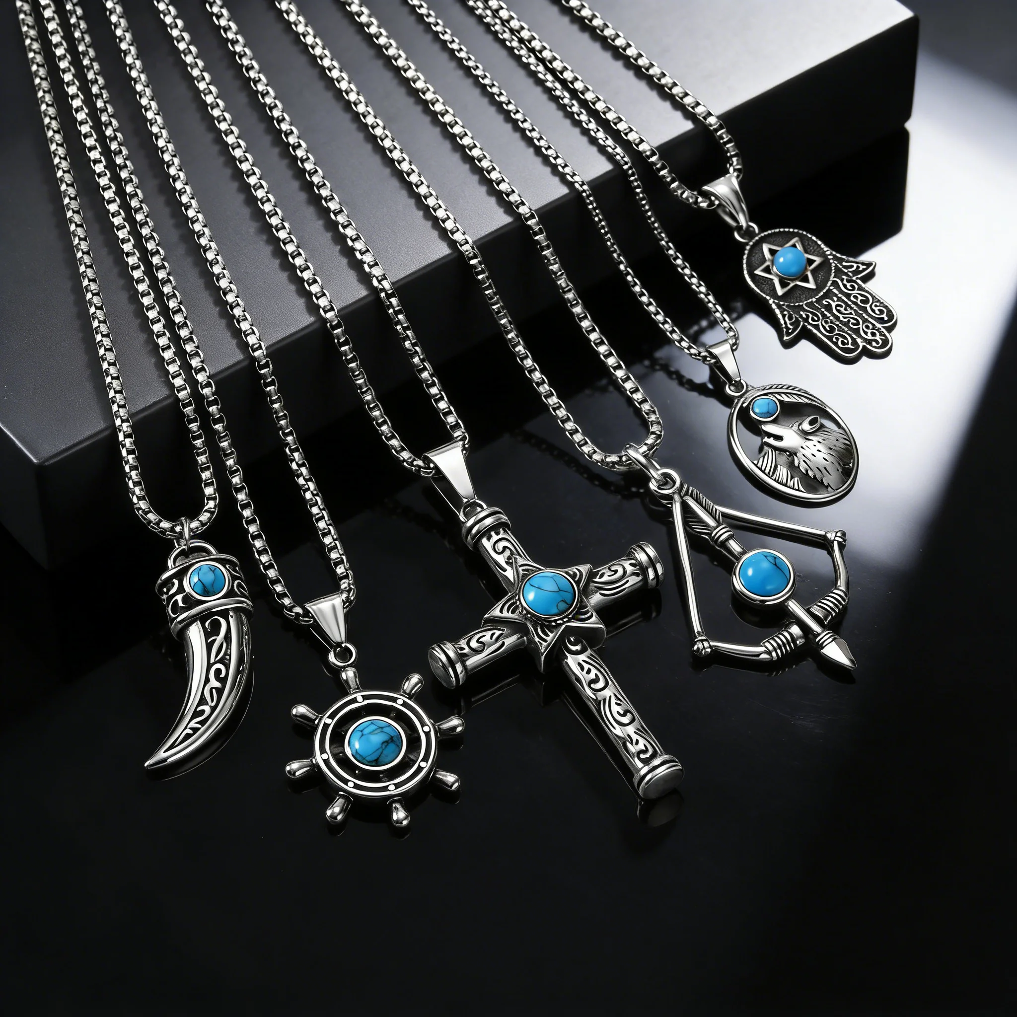 

Vintage Blue Natural Stone Necklace, Stainless Steel Rudder Lucky Eye Fatima Hamsa Hand Pendant, Stylish Hip Hop Punk Jewelry