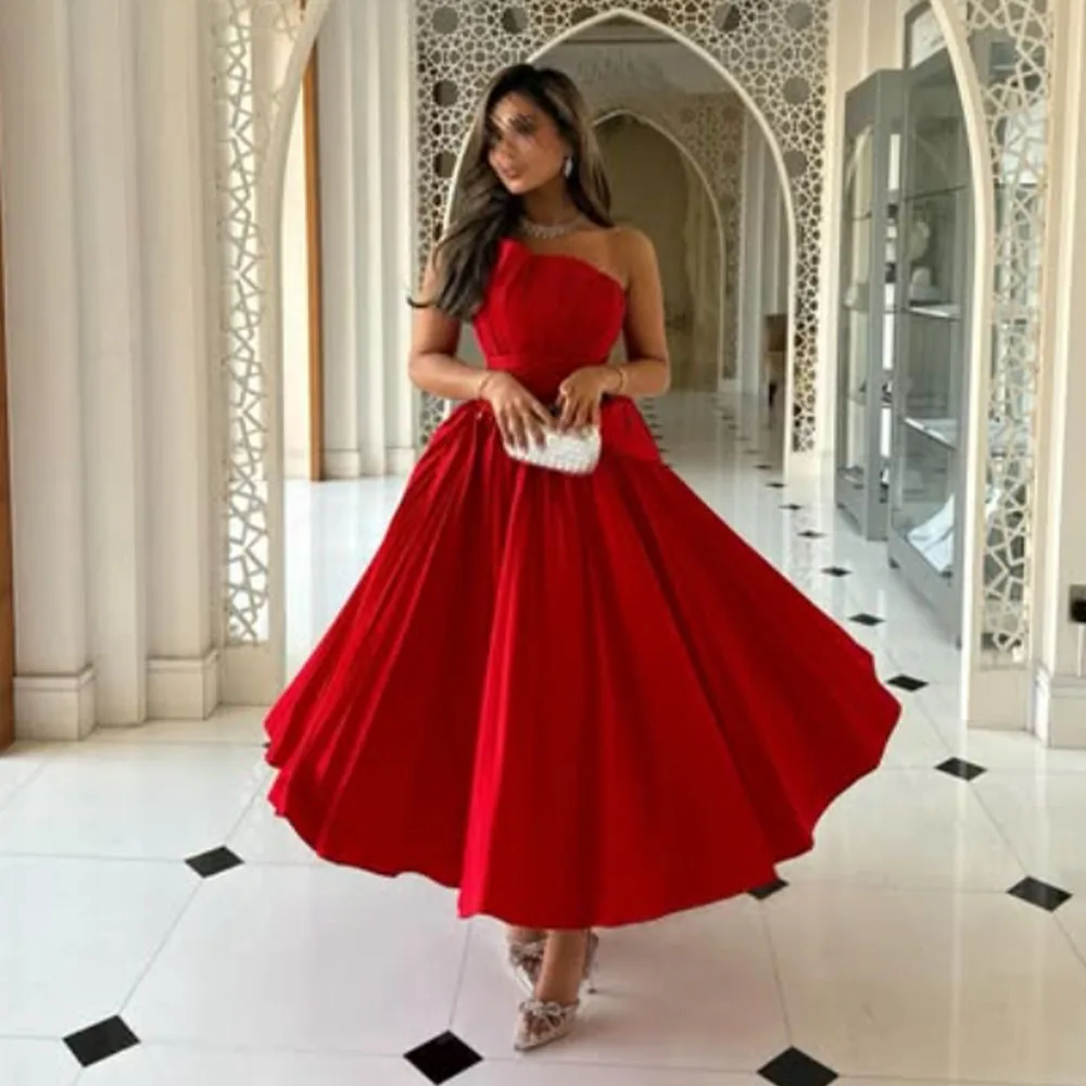 High Quality Customized Ankle Length Red Strapless Sleeveless Pleat Vestido De Festa De Casamento Kleider Damen Elegant Women