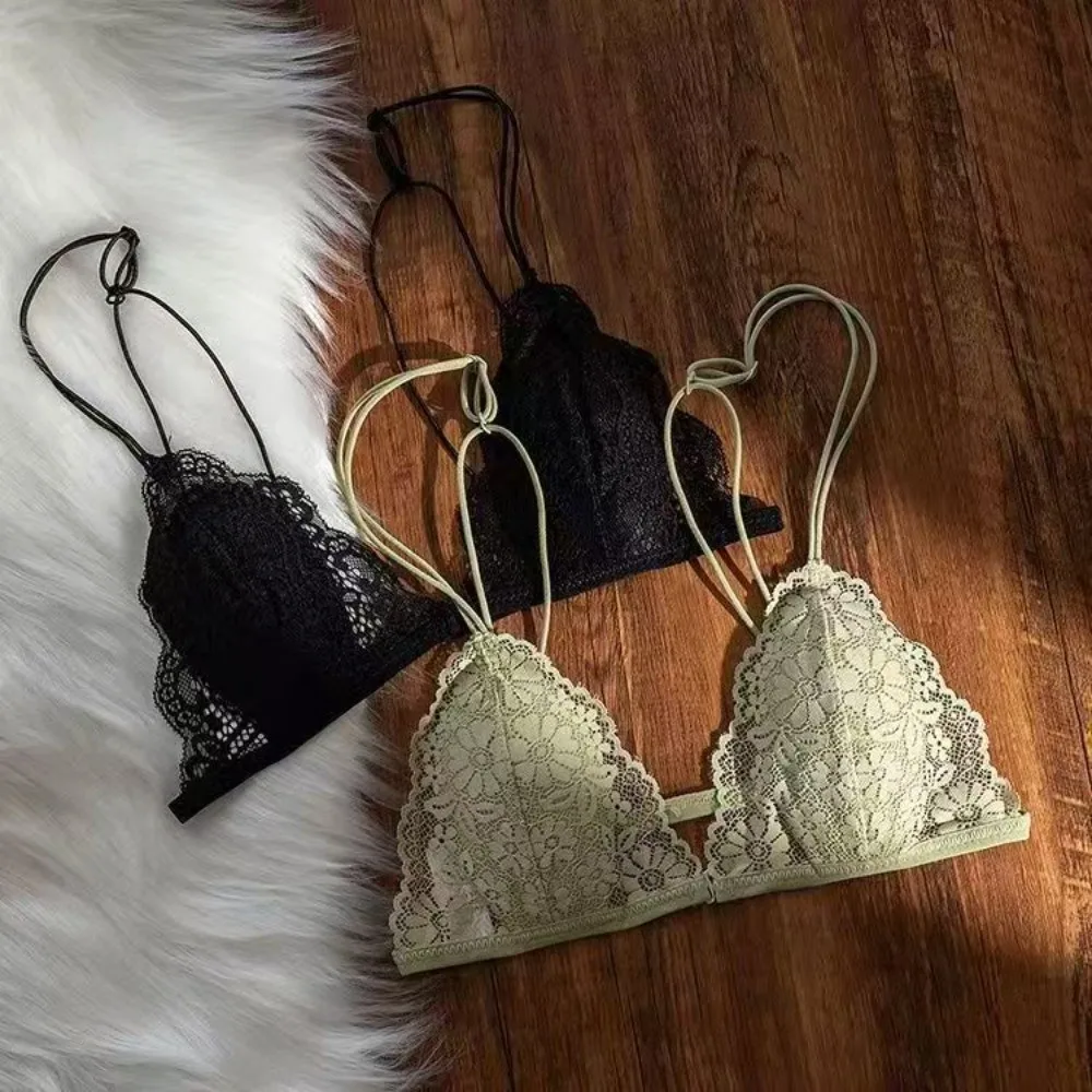 Ultra-thin Shoulder Strap Lace Wireless V Bra Shockproof Seamless Lace Floral Print Bra Gathered Breasts Anti-sagging