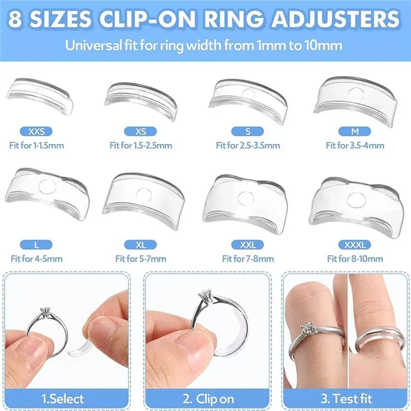 Rings Size Adjuster Kit, Multi-Size Sizing Tool For Loose Rings, Unseen Rings Reducer With Clip-On Pads& Silicone Fasteners