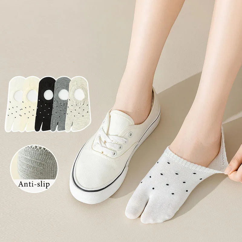 Summer Low Cut 2 Fingers Socks For Women Black Dot Print Invisible Boat Socks Japanese Casual Split Toe Socks Female Short Socks