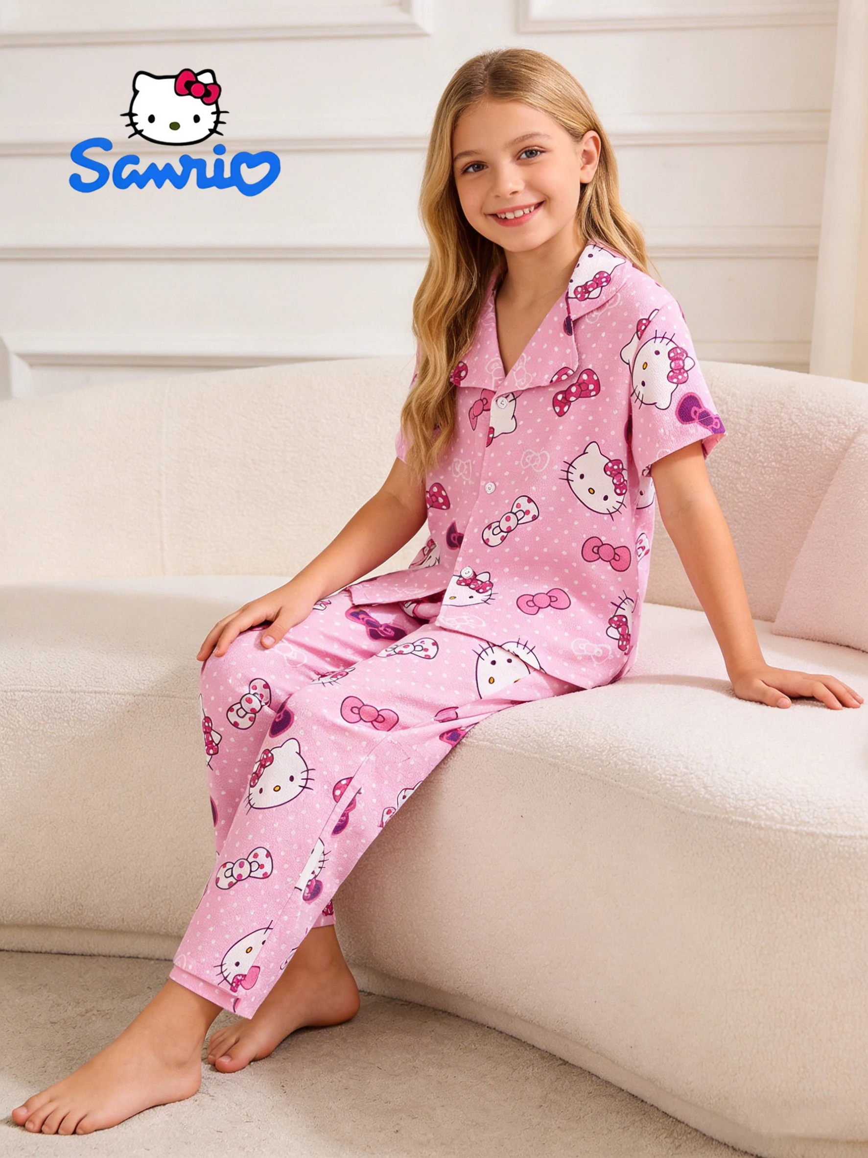 Sanrio Girls' Pajamas, Sleepers, Home Clothes Set Spring and Autumn, Hello Kitty Short sleeved Top, Pants for Home Wear,