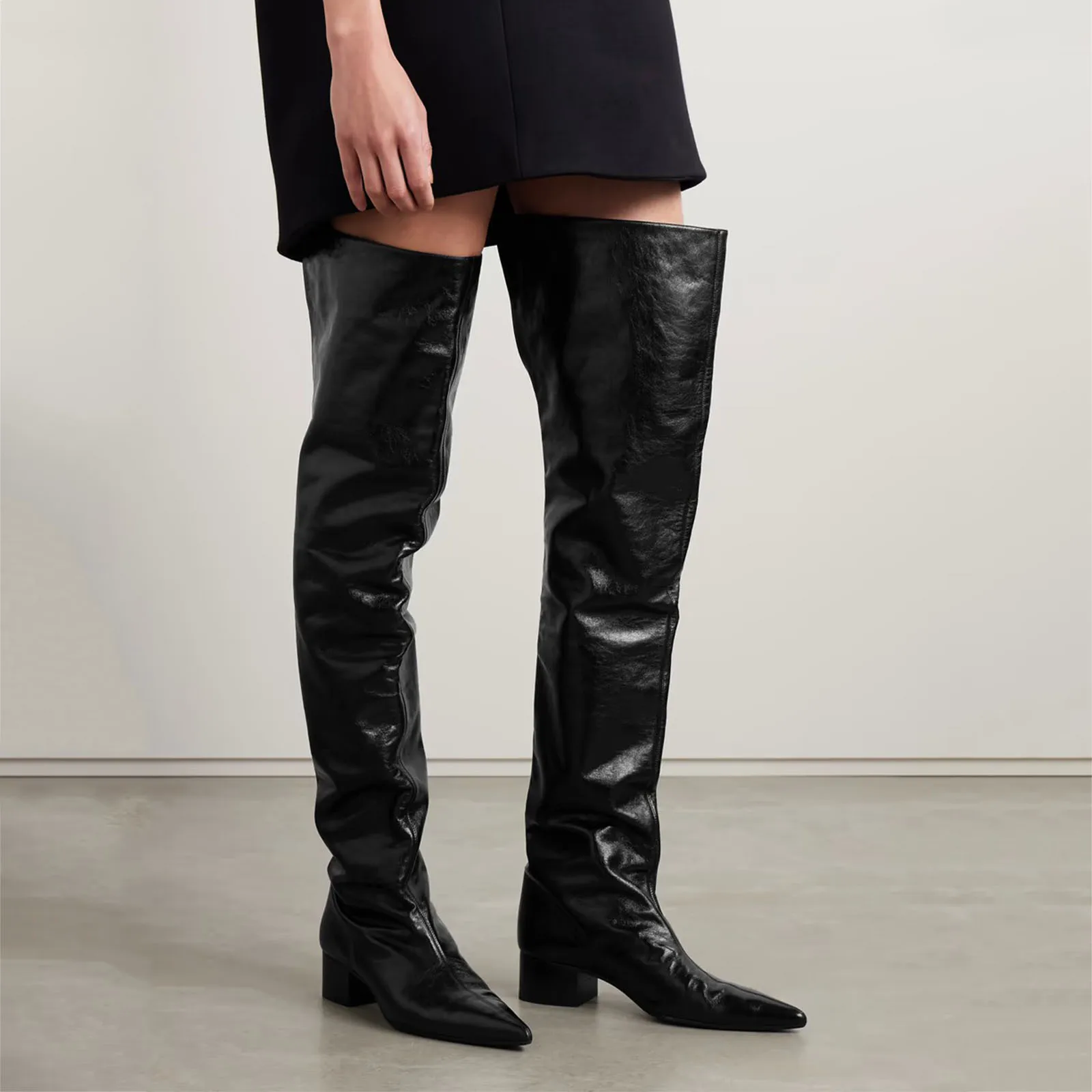 Women's Luxury Black Over-the-Knee Leather Boots Pointed Toe Block Heel Stylish Elegant Soft Glossy Material Casual Daily Party