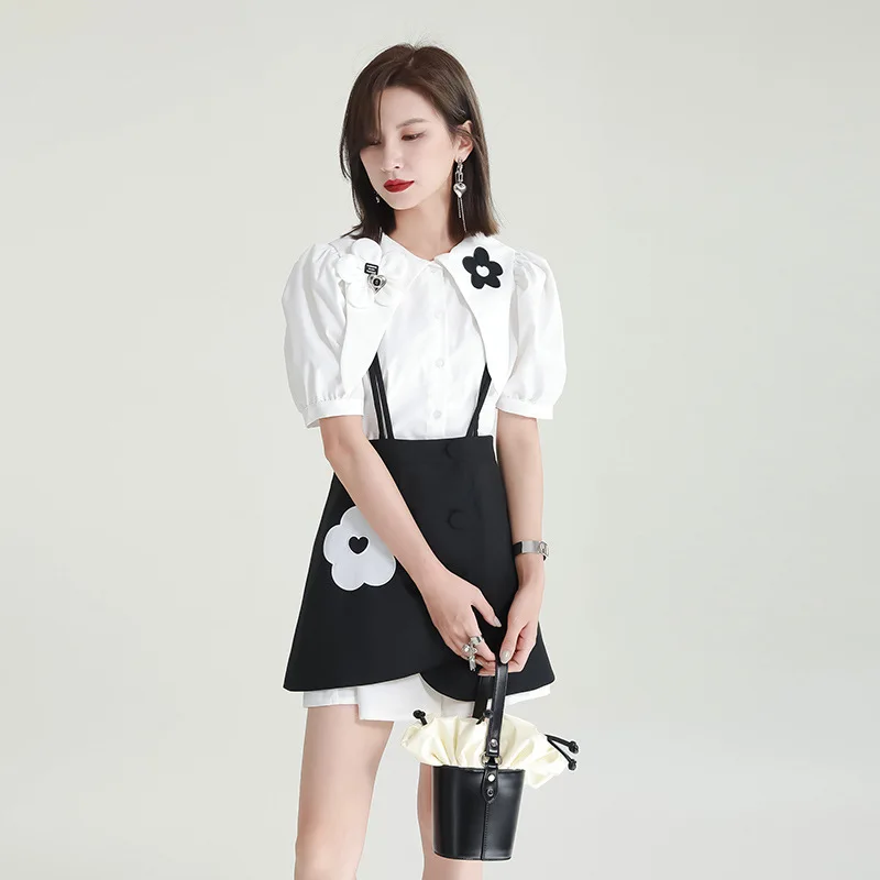 Fashion Design 2024 Summer Set Women's Dress Small stature slimming design cute flower white shirt skirt