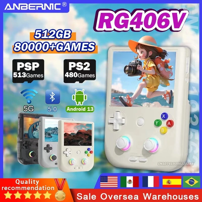 ANBERNIC-consola de juegos portátil RG406V, pantalla táctil IPS de 4 pulgadas, Android 13, Unisoc T820, reproductor de juegos de 64 bits, iluminación RGB, 512G, 80000 juegos