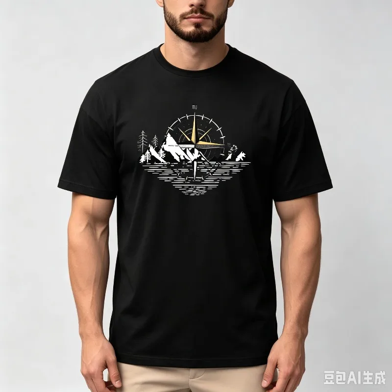 Compass Mountain Lake T-Shirt Men’s Vintage Outdoor Graphic Tee Soft Modal Casual Top for Hiking Camping Adventure Gift