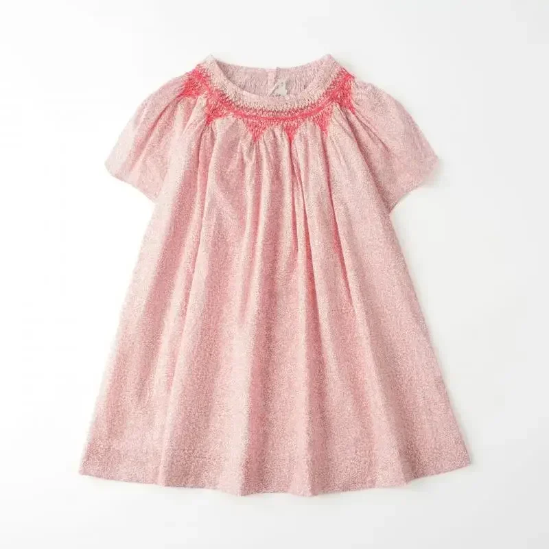 

Floral Embroidery Smocked Dresses Baby Girls Casual Loose Clothes Vintage Kids Children Embroidery Outfit Matching Pink Dresses