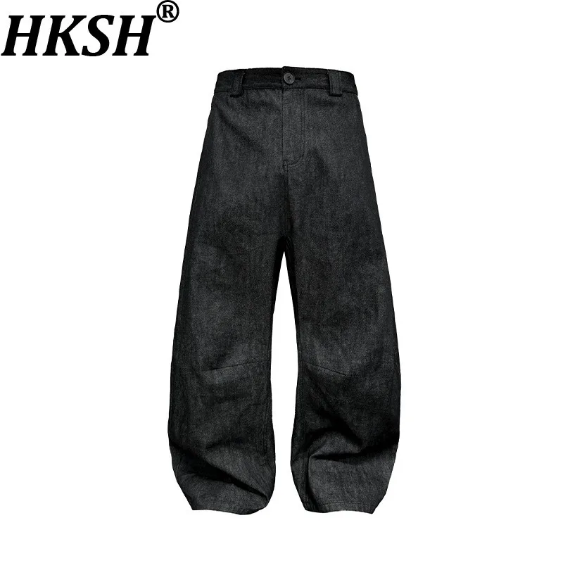 

HKSH Весенне-Осенние новые мужские темные стильные потертые драпированные винтажные джинсы до колена с широкими штанинами, трендовые повседневные джинсовые брюки в стиле панк HK13723