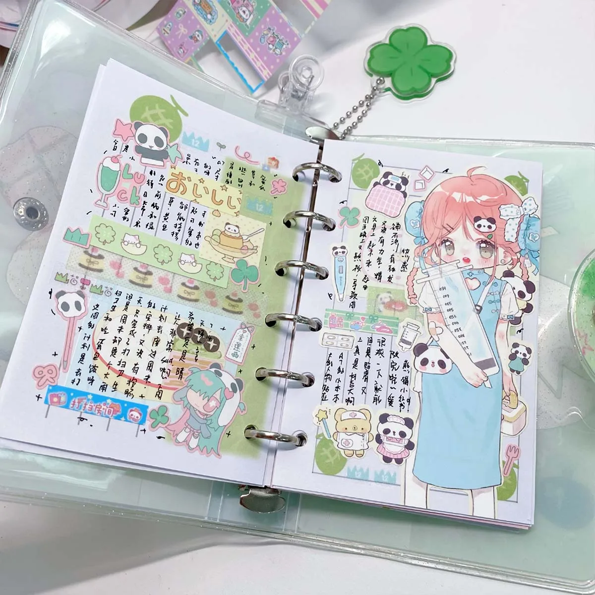 WAKAWAKA A7 Binder Four-Leaf Clover&Girl Glitter pvc Removable Loose-Leaf Notebook Sticker Storage Book Pocket Notebook Portable