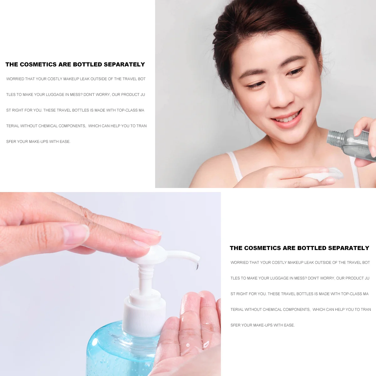 

2Pcs Refillable Travel Bottles Durable Leakproof Dispenser Pump Bottles Portable Reusable Containers for Makeup Shampoo