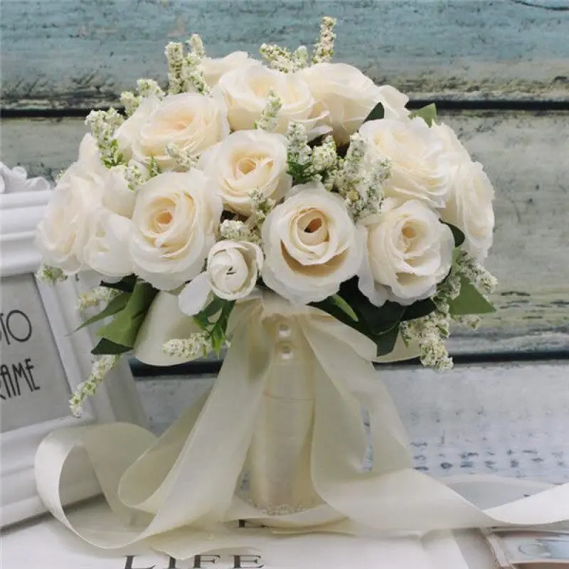 Bruids Bruidsmeisje Bruidsboeket Witte Zijde Bloemen Rozen Kunstmatige Bruid Boutonniere Mariage Boeket Bruiloft Accessoires