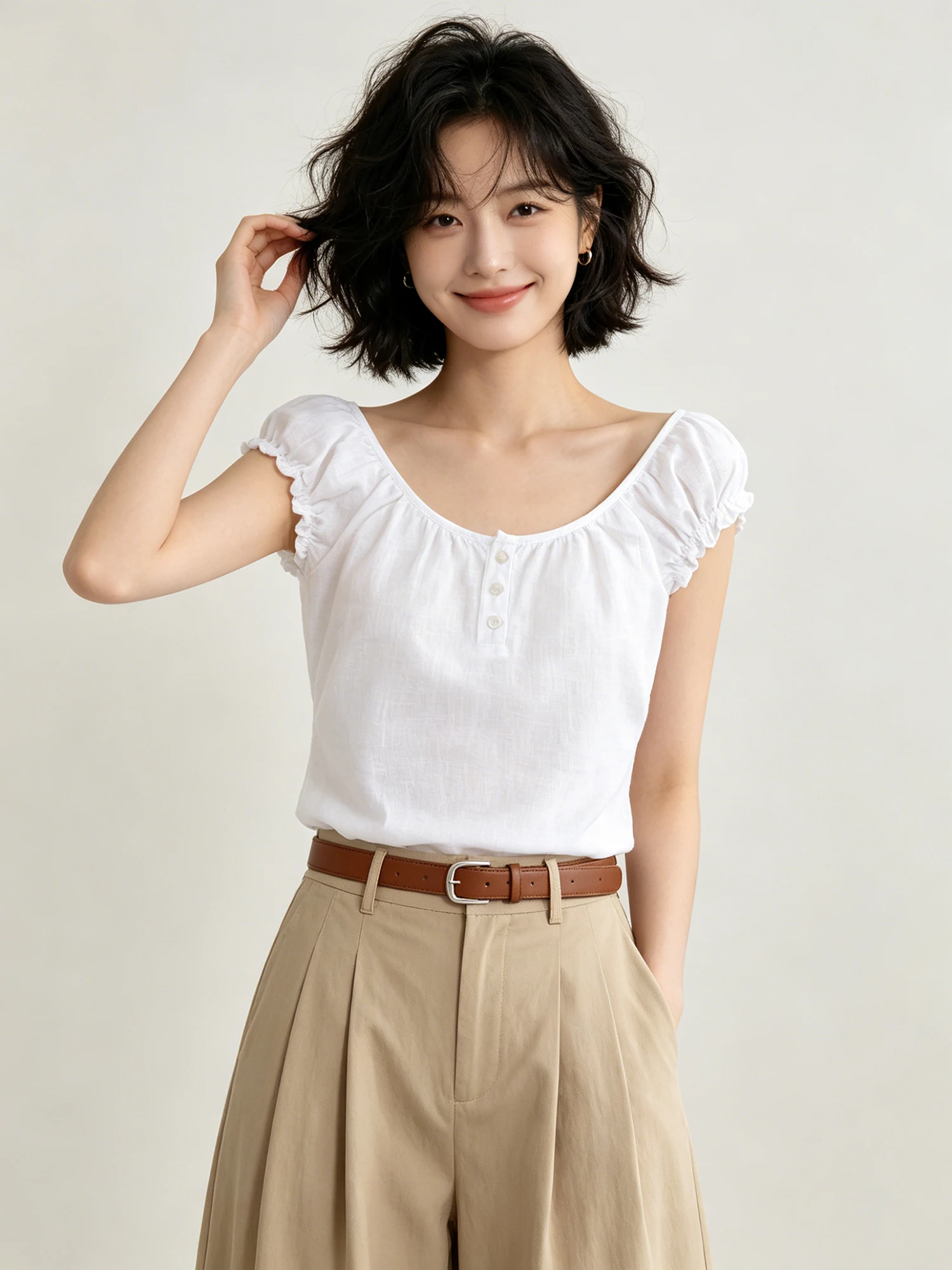 

Trendy Bubble Sleeve Square Collar T-Shirt Women's Summer New Design Beautiful Top Korean Style Straight Cut Pure Color Linen...