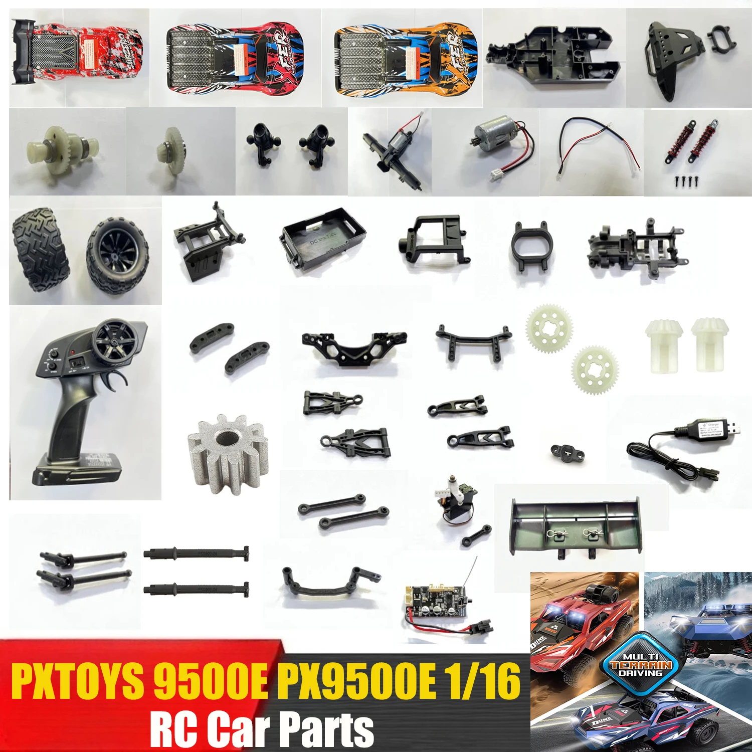 

Запчасти для радиоуправляемой машины PXTOYS 9500E PX9500E 1/16: Кузов, мотор, шасси, шины, сервопривод, ESC, поворотные рычаги, приводной вал, дифференциал, бампер, детали 1