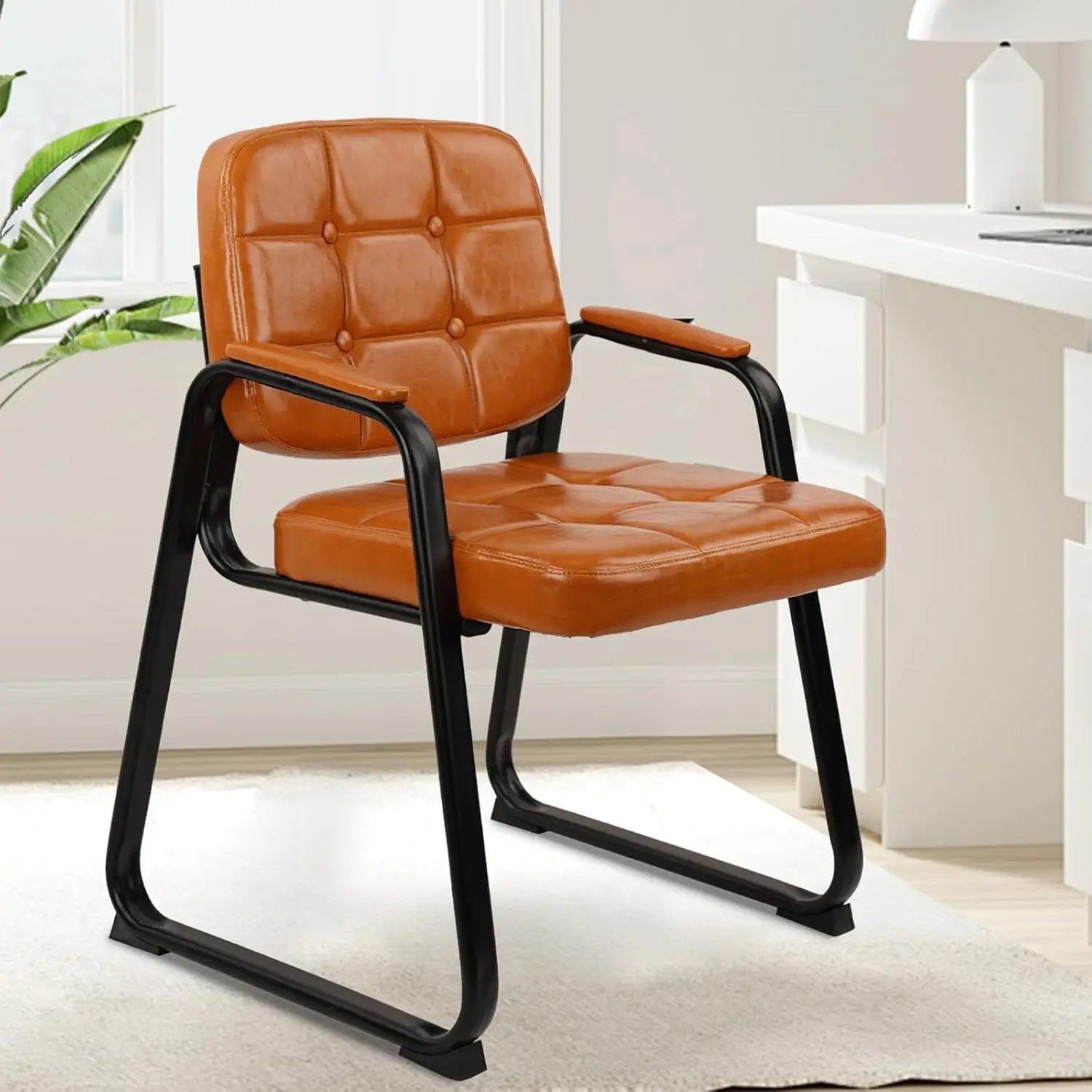 

Waiting Room Chairs With Padded Arms Leather Guest Chair No Wheels For Office Reception And Conference Desk With Sled Base