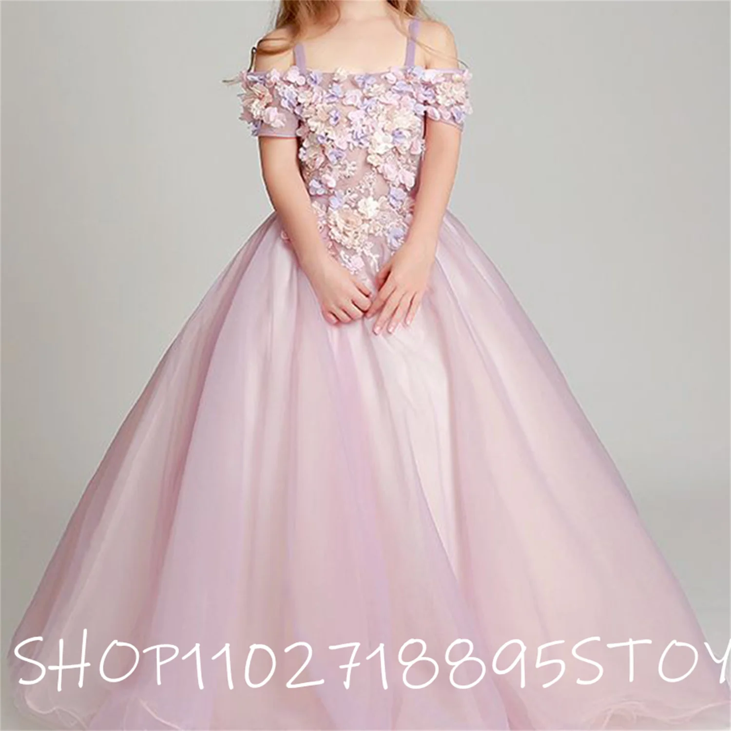 Vestidos Flower Girl com mangas curtas para crianças, cinza A-Line, renda de tule, apliques de baile até o chão, vestido de festa, 2023