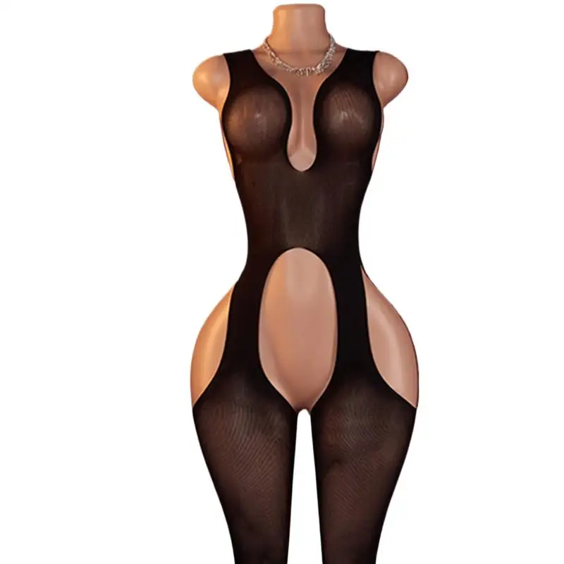 

Sexy Women Black Deep V-sleeveless Full Body Open Bra Bodysuit Transparent Hollow Out Crotchless Bodystocking Erotic Costumes