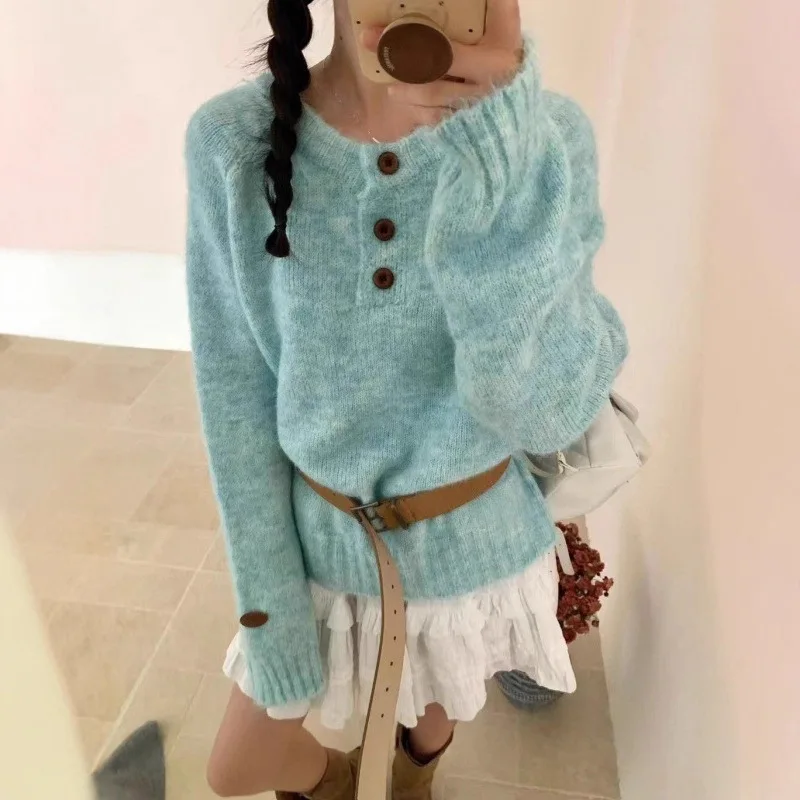 Autumn Winter Woman Joker Casual Knit Sweater Pullover Buttons Round Neck Long Sleeve Gradient Korean Woman Jumper New Fashion