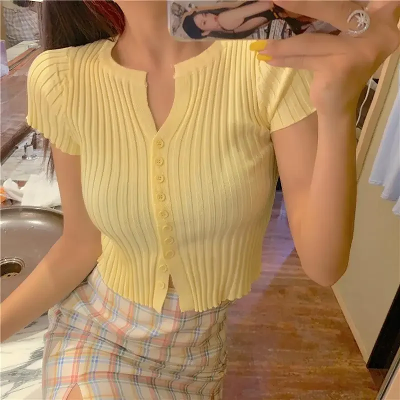 

Women Single Breasted Cardigan Round Neck Slim Sexy Tops Summer Expose Navel Short Top Hot Girl Streetwear