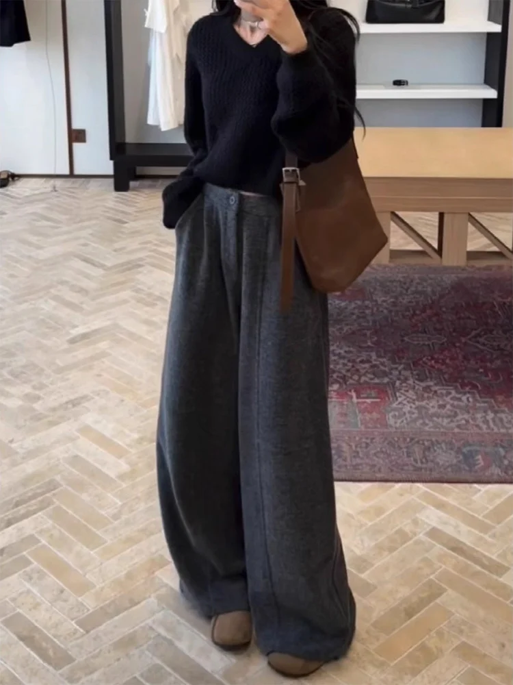 Pantalon taille haute à jambes larges pour femmes, doublé en Fce, coupe ample, coréen, pour les déplacements, coupe droite