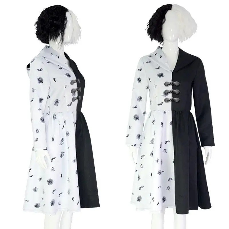 Z0 كوس بلا الأبيض الساحرة Cruella Dr loween تأثيري حلي المرأة التقليدية العرقية مرحلة الأداء الملابس