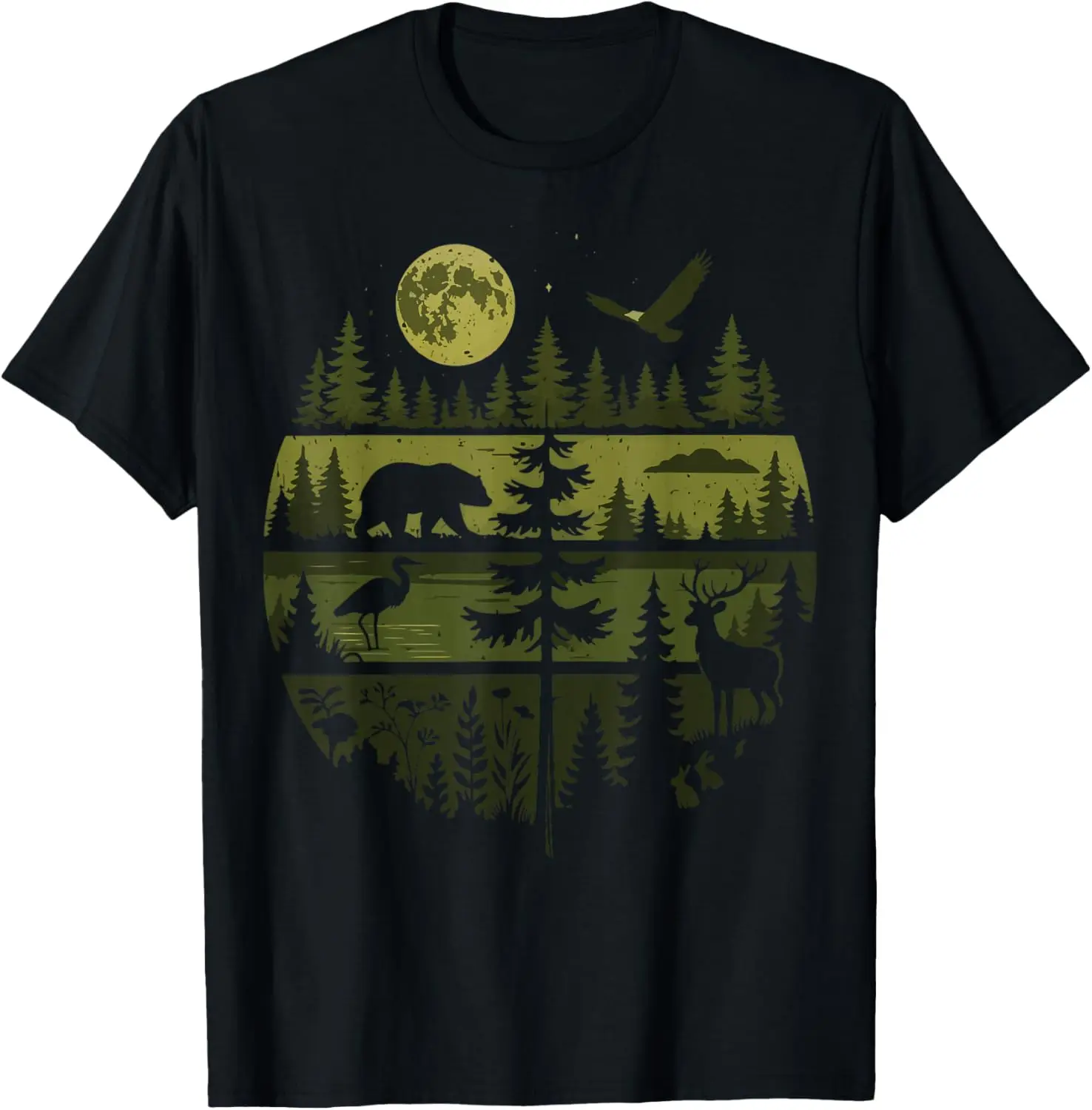 

Nature Forest Wildlife Bear Eagle Deer Retro Graphic Tee Breathable Outdoor Cotton T-Shirt