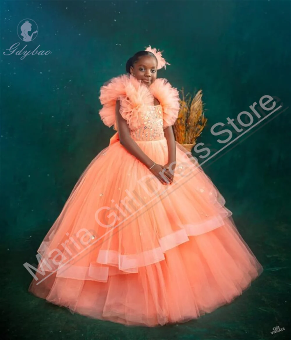 Square Neck Puff Sleeve Sequin Lace Ruffle Girl's Birthday Dress Suitable For Wedding Girl's First Communion Gown