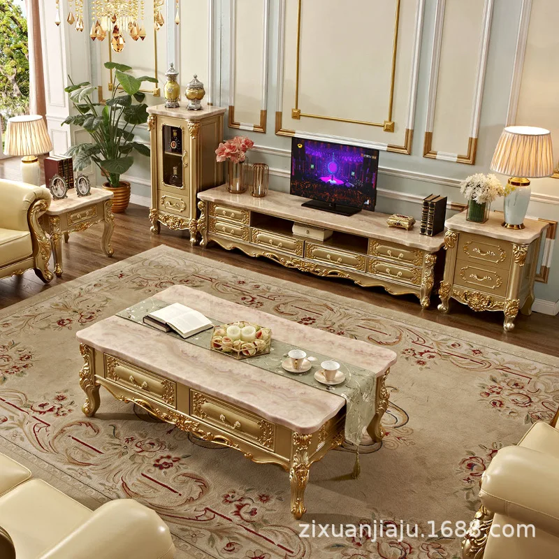 

European high-end coffee table TV cabinet combination solid wood carving marble tea table champagne gold