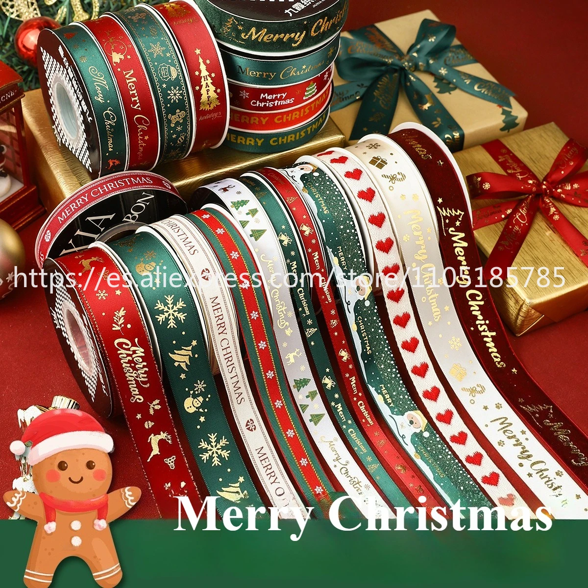 

25 Yards X5 Rolls Christmas Ribbon Red Green DIY Bow Gift Wrapping Santa Snowflake Ribbon