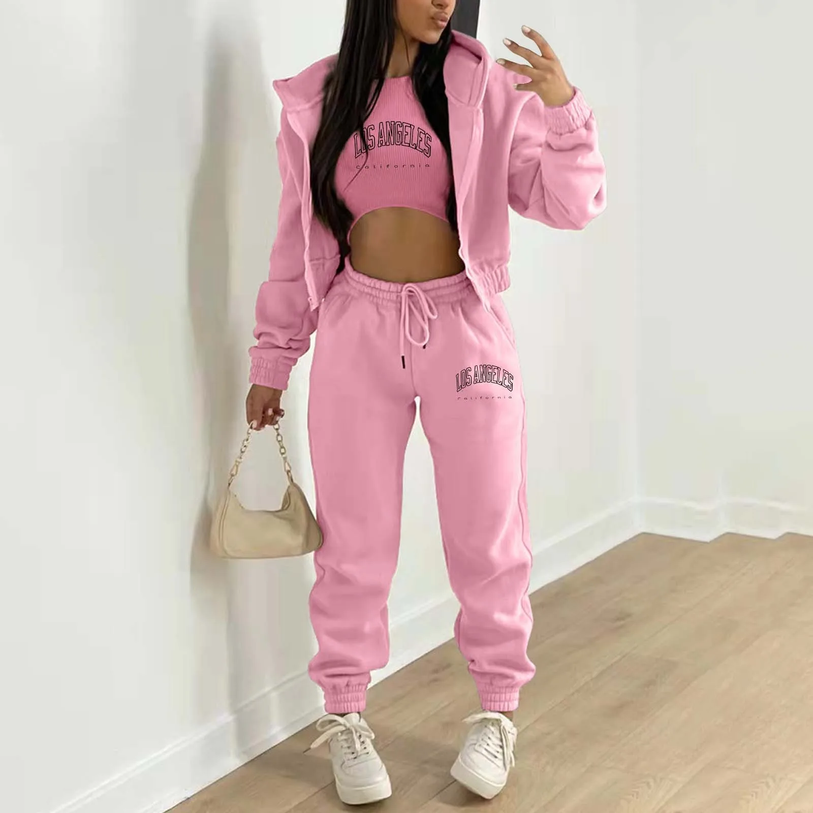 Autumn Fashion Ladies 3pcs Sport Suit Women Casual Tracksuit Fleece Long Sleeve Pullover Top Hoodie+Tanks+Jogger Pants Outfit