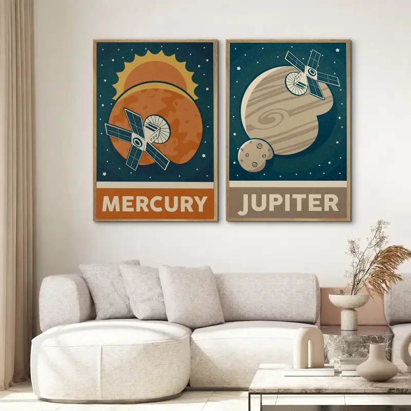 1pc Retro Solar System Planet Space Astronaut Canvas Wall Print Astronomy Poster Moon Wall Decor Printable Art view 2