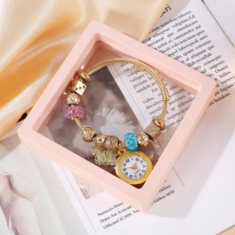 Golden Adjustable Opening Alloy Bracelet Quartz Bead Flower Pendant Couple Watch with Gift Box