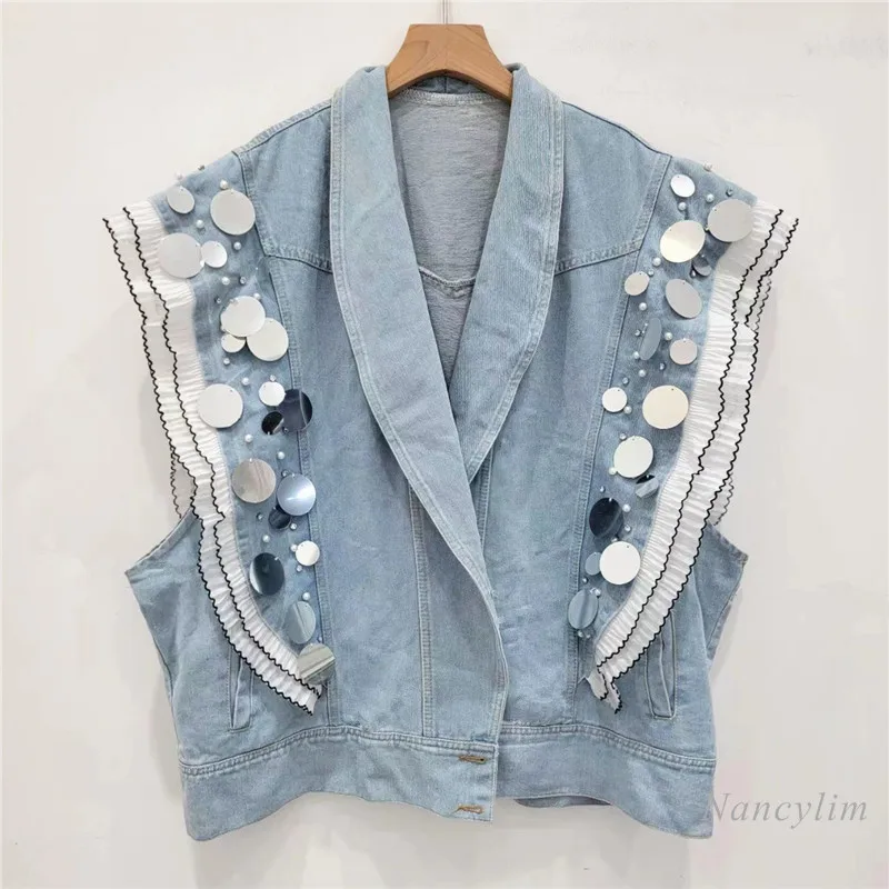 Design Lapel Ruffled Stitching Lace Bead Sequins Loose-Fitting All-Match Washed Blue Denim Vest Coat for Women Waistcoats