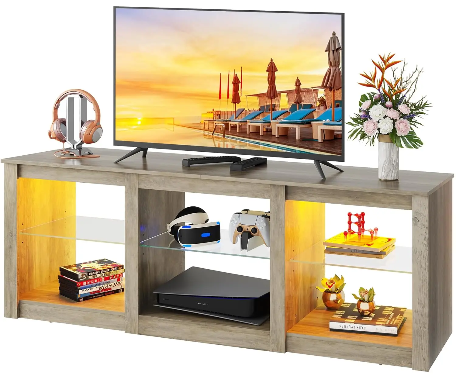 

LED TV Stand 58in Entertainment Center Adjustable Glass Shelves RGB Lights Wood Console Living Bedroom Gaming Gray Oak,Custom