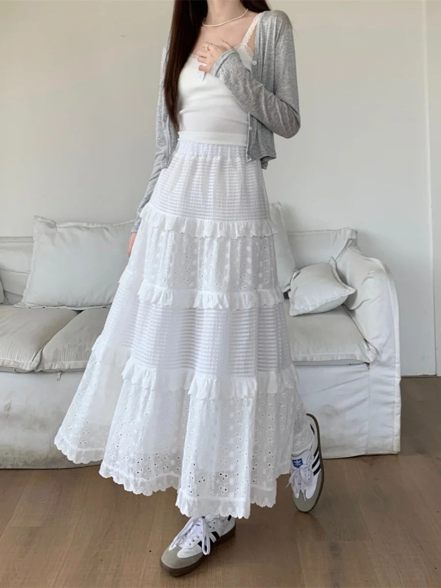 

Jacquard Embroidery White Skirt with Lace Frill Ruffle Midi Long Skirts Elastic Waist e-girl fairycore 2000s aesthetic korean