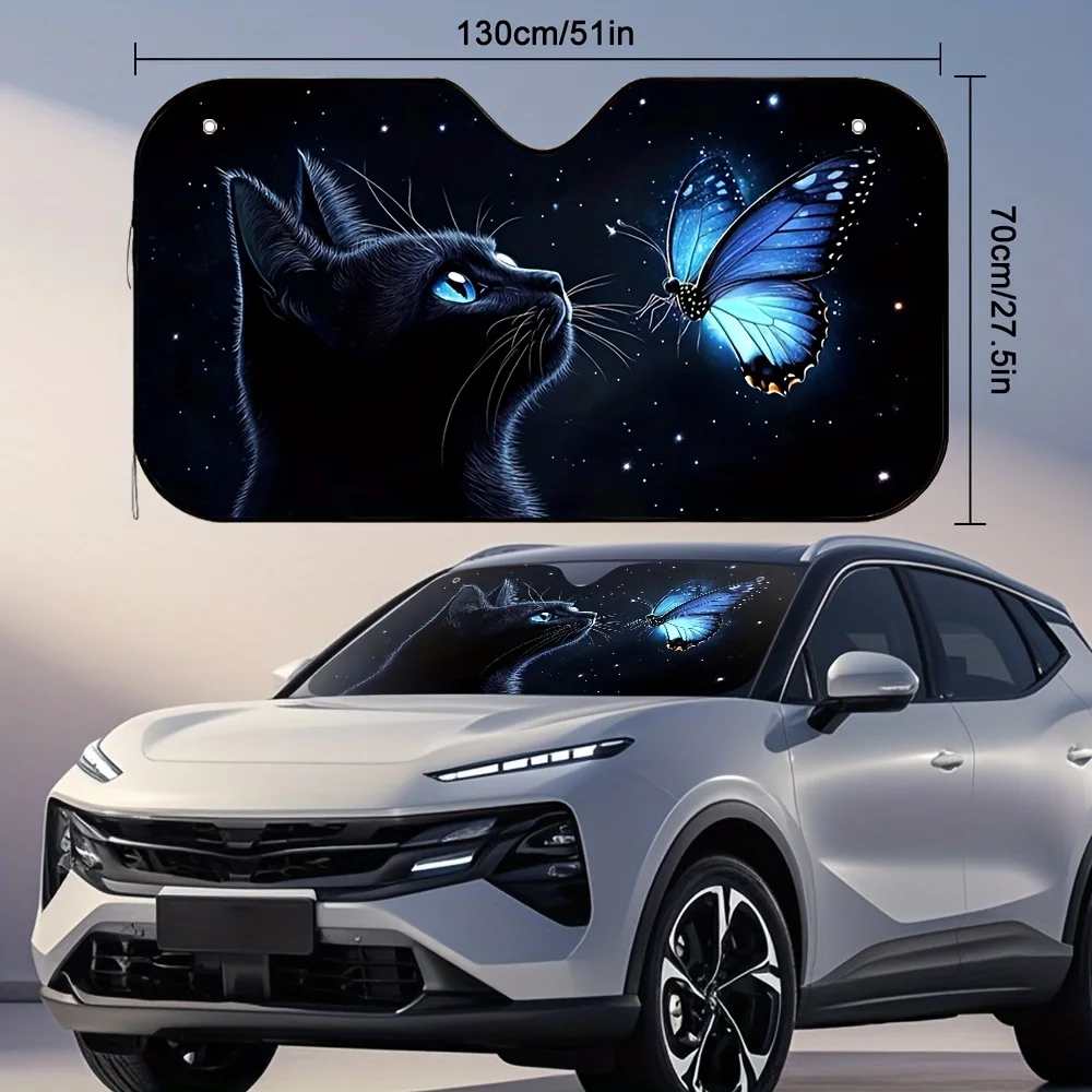 1pc Cosmic Cat & Butterfly Car Sun Visor - Fit Glowing Blue Eyes Starry Night Design, Reduces Intense Sunlight Glare, Durable Ca
