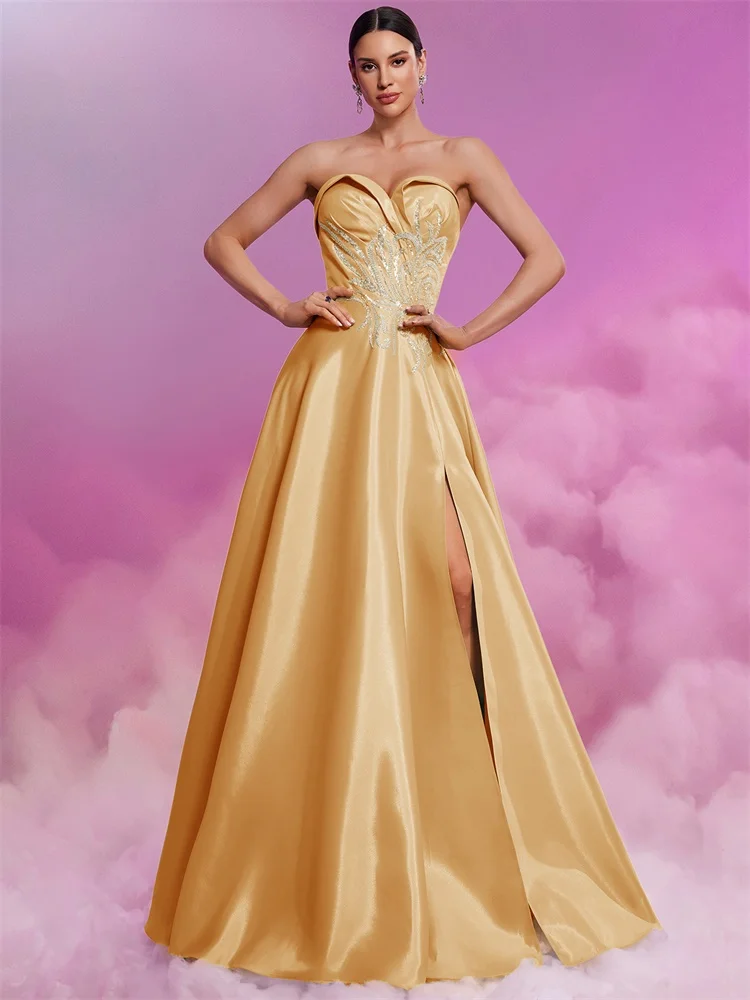 Lucyinlove Luxury Sexy Tube Top Satin Gold Evening Dress Women Long Elegant Split A-line Applique Wedding Party Cocktail Gowns